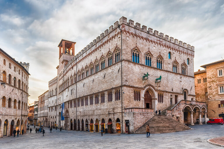 View of Palazzo dei Priori, historical building in the city centre of Perugia, Italy