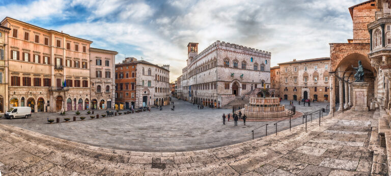 Panoramic view of Piazza IV Novembre, main square and masterpiece of medieval architecture in Perugia, Italy