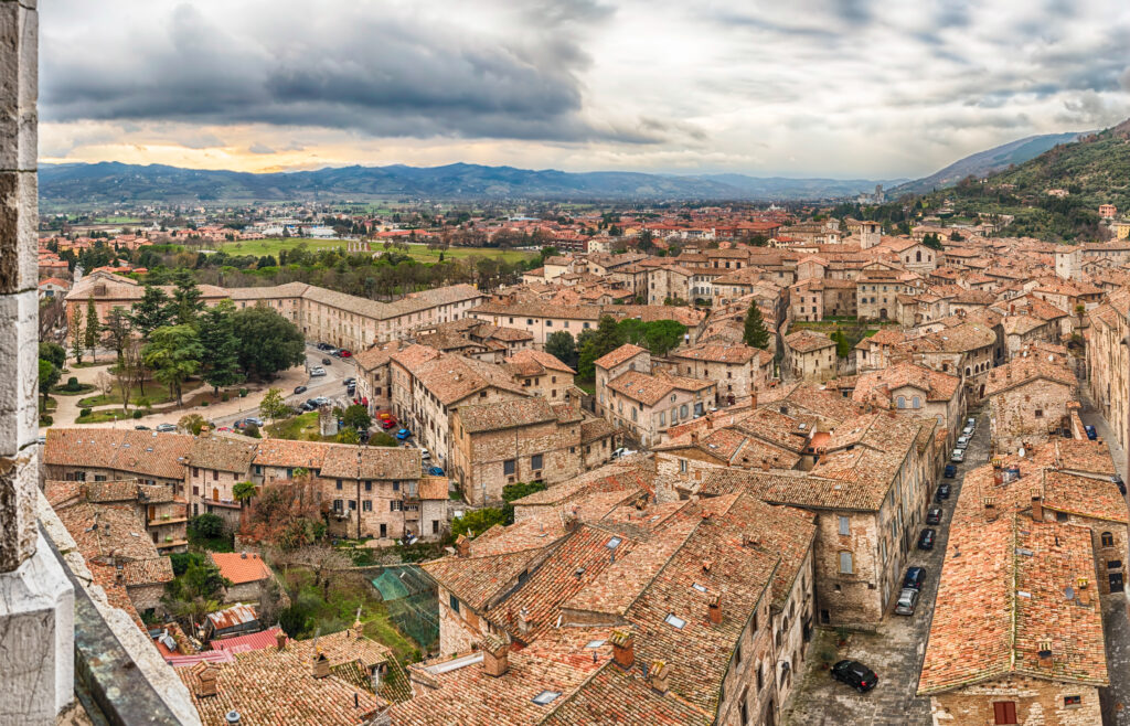 Panoramic view over the roofs of Gubbio, one of the most beautiful medieval towns in central Italy