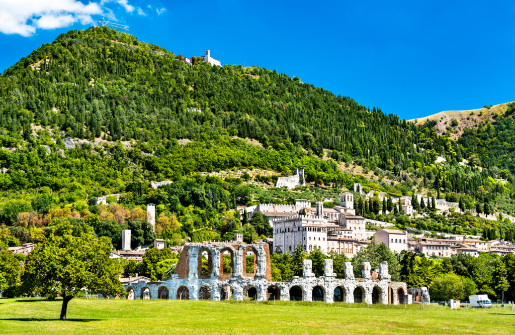 View of Gubbio with roman theatre in Umbria, Italy